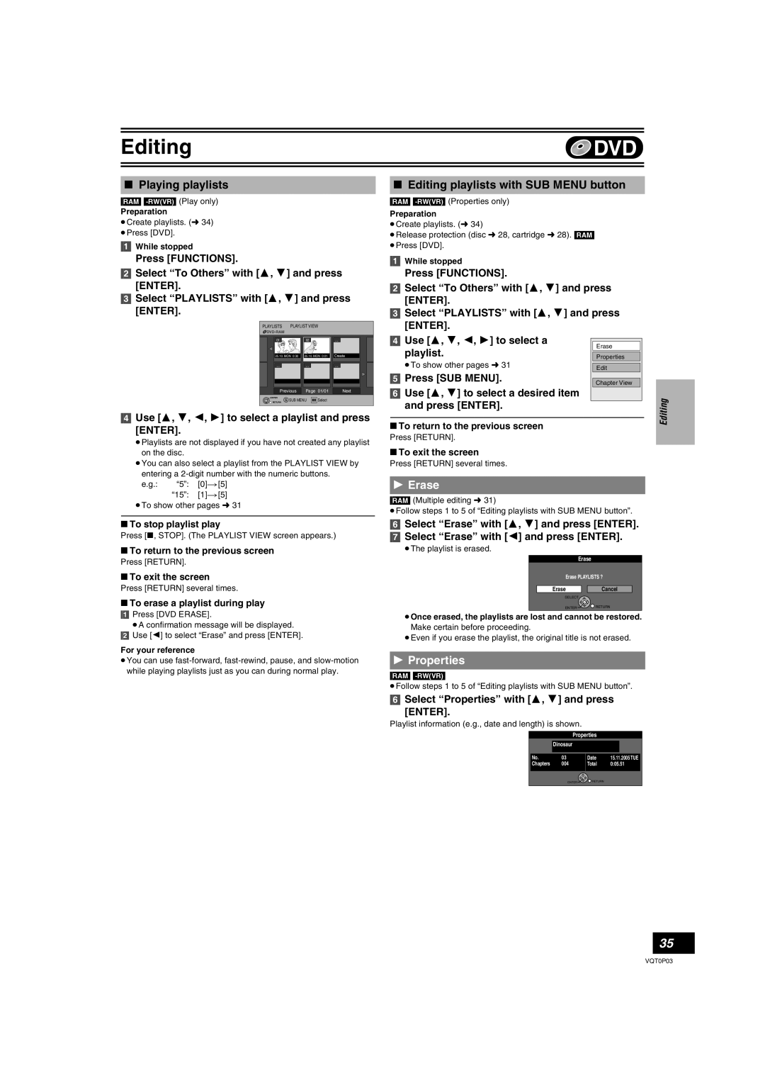 Panasonic DMR-ES30V operating instructions Playing playlists, Editing playlists with SUB Menu button, Playlist 