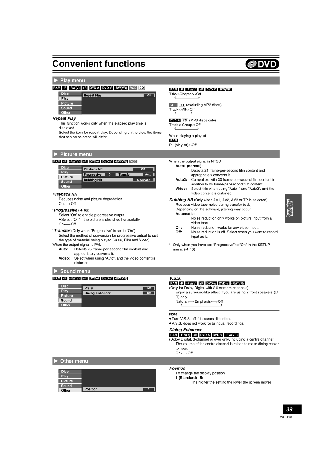 Panasonic DMR-ES30V operating instructions Play menu, Picture menu, Sound menu, Other menu 