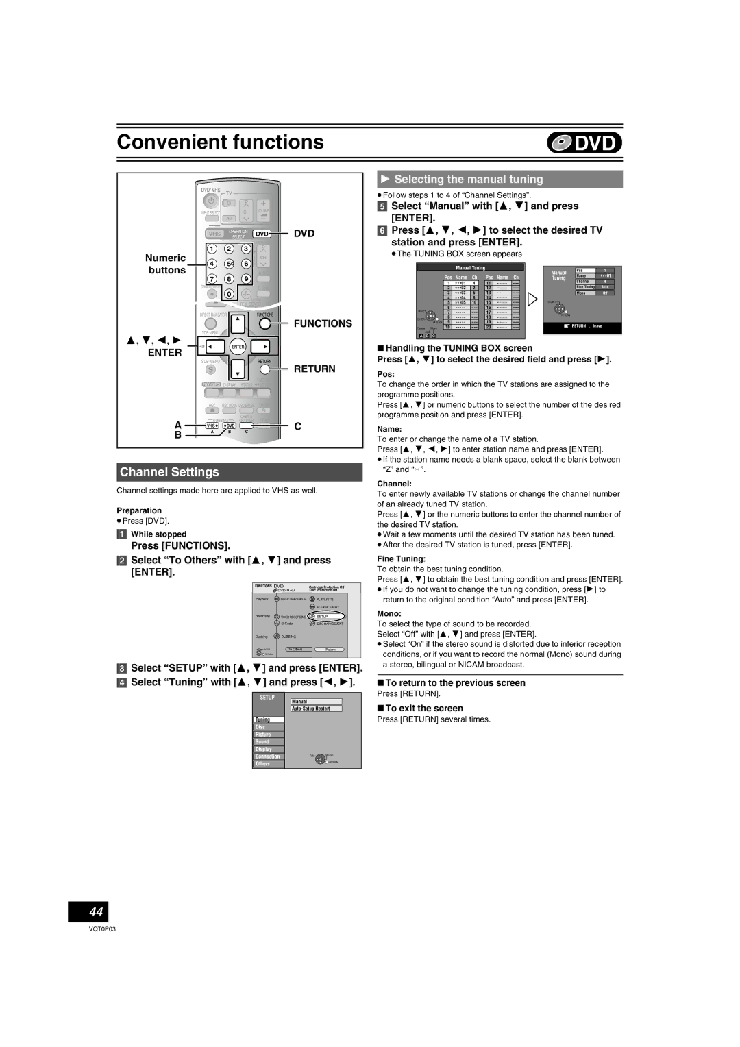Panasonic DMR-ES30V operating instructions Channel Settings, Selecting the manual tuning 