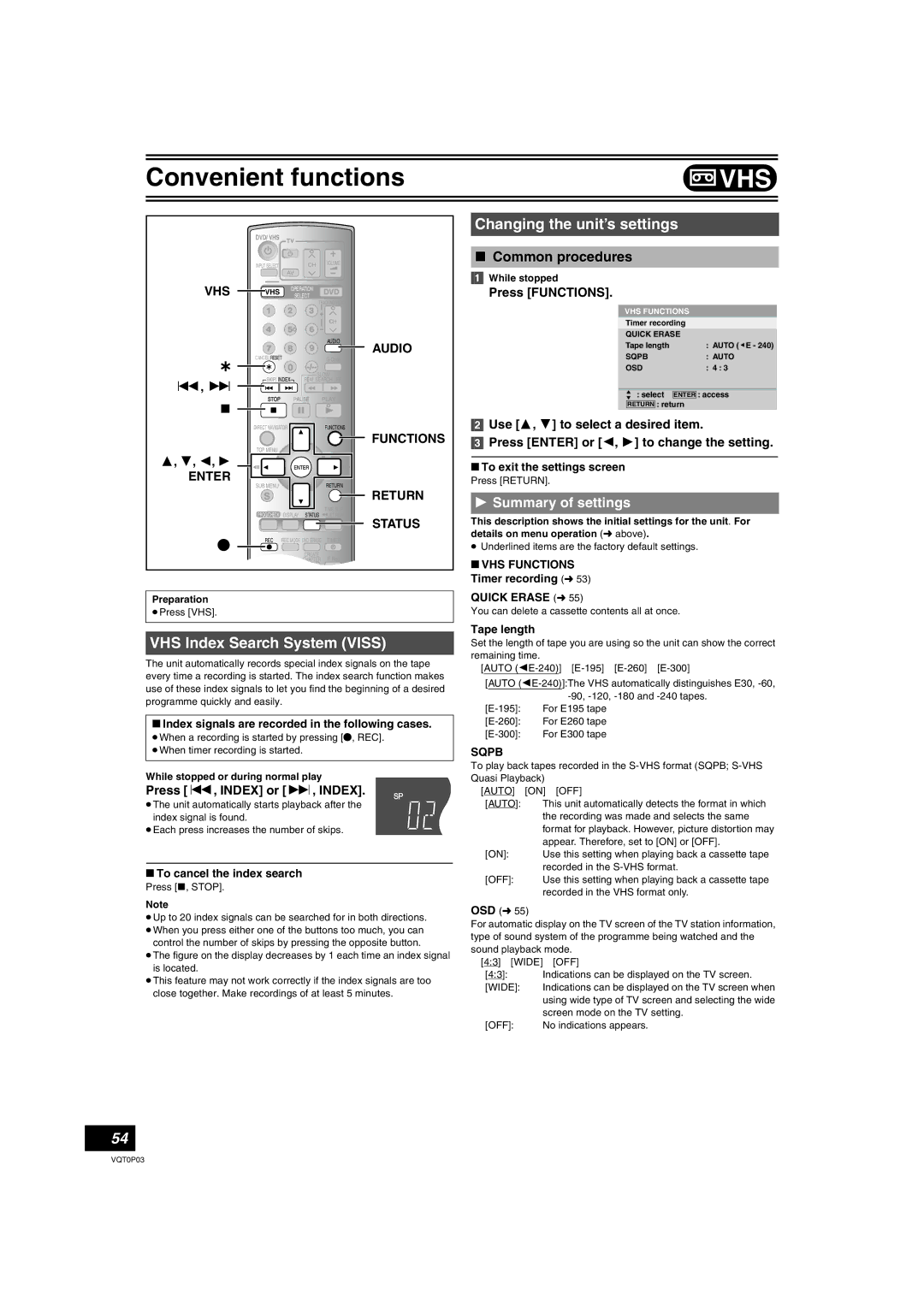 Panasonic DMR-ES30V operating instructions VHS Index Search System Viss, Summary of settings, Press , Index or 9, Index 