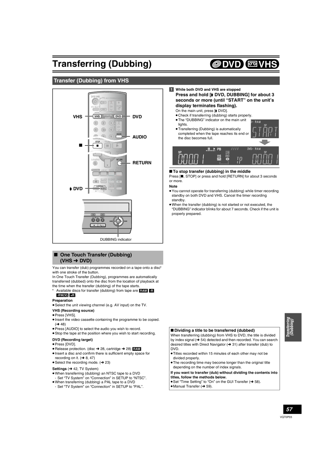 Panasonic DMR-ES30V operating instructions Transfer Dubbing from VHS, One Touch Transfer Dubbing VHS l DVD 