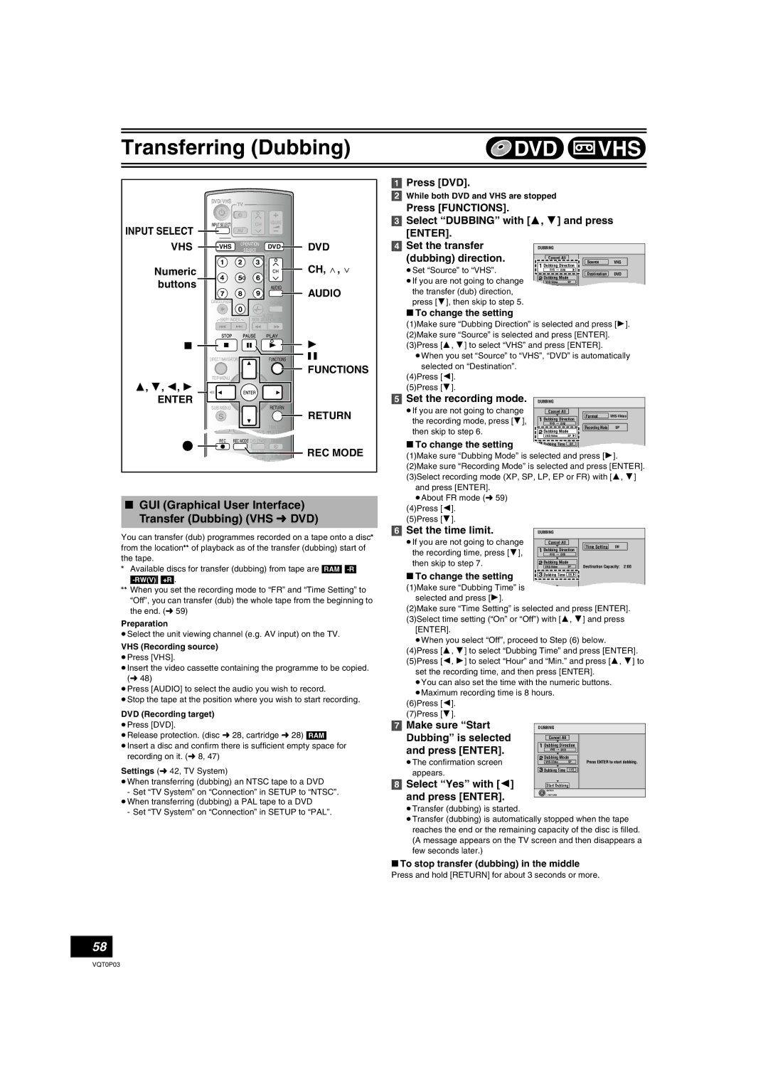 Panasonic DMR-ES30V operating instructions GUI Graphical User Interface Transfer Dubbing VHS l DVD 