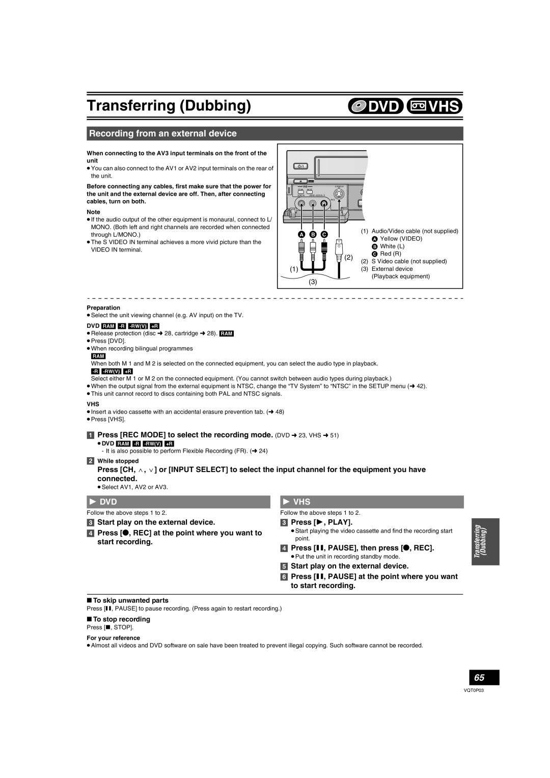 Panasonic DMR-ES30V Recording from an external device, Press , PAUSE, then press ¥, REC, To skip unwanted parts 