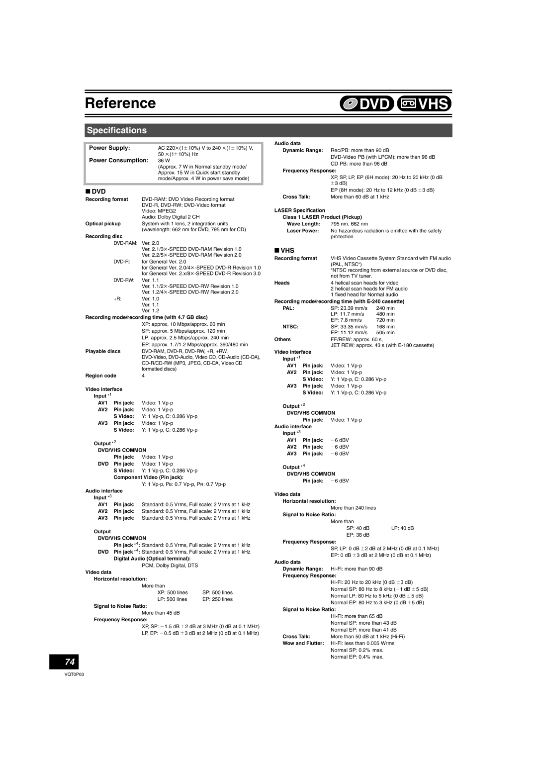 Panasonic DMR-ES30V operating instructions Specifications, Power Consumption 36 W 