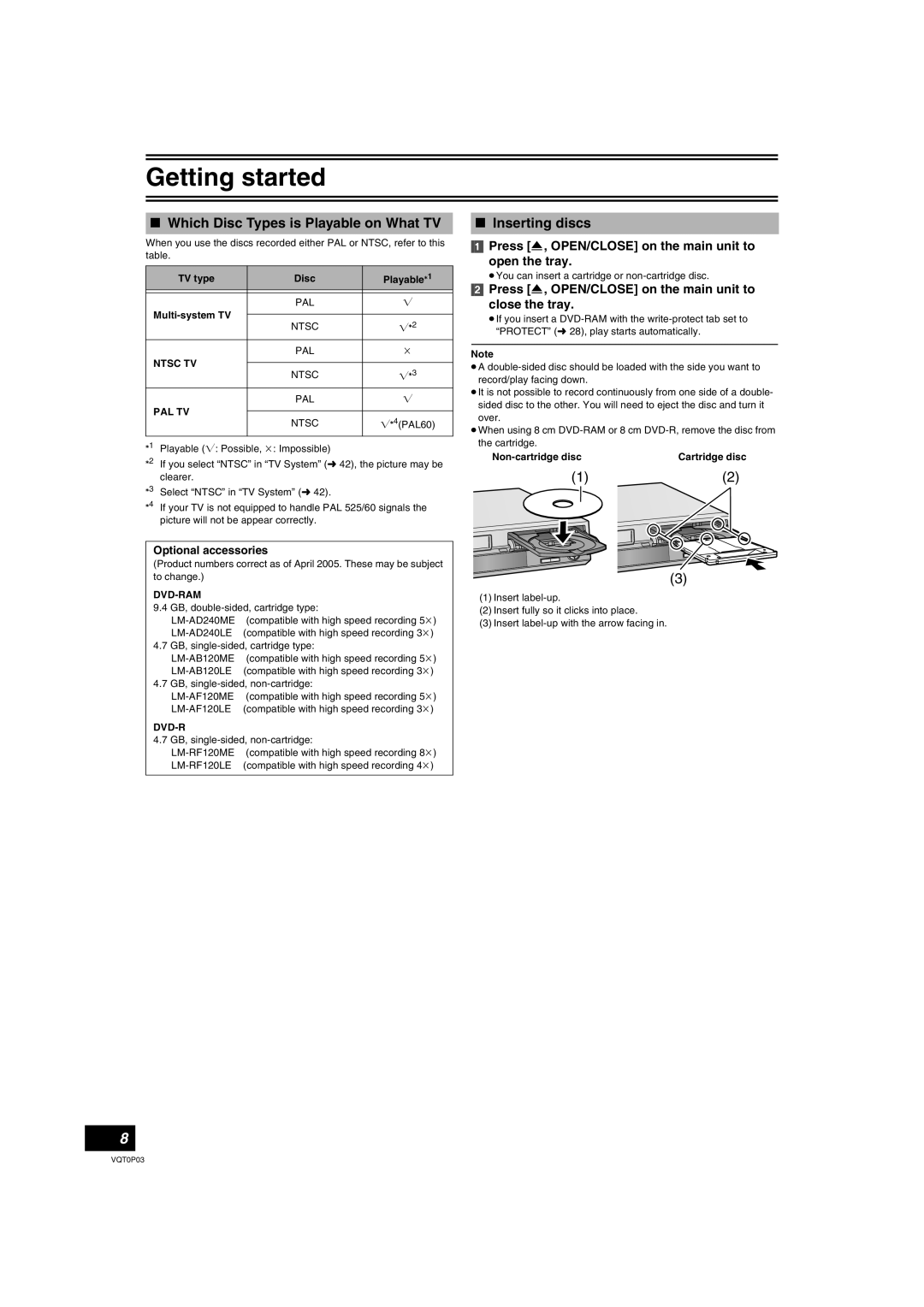 Panasonic DMR-ES30V operating instructions Which Disc Types is Playable on What TV, Inserting discs, Optional accessories 