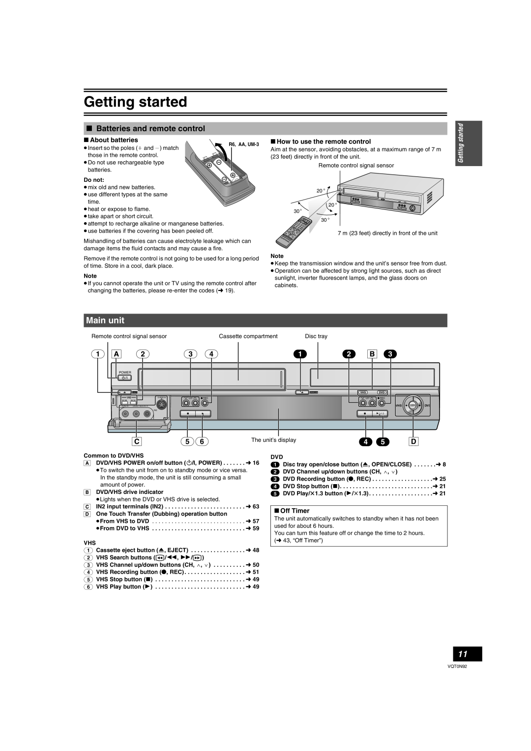 Panasonic DMR-ES30V Main unit, 1 2 B, ∫ Batteries and remote control, ∫ About batteries, ∫ Off Timer, Getting started 