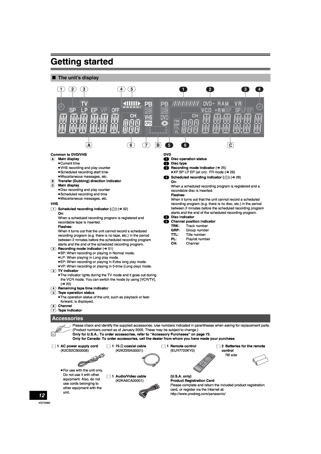 Panasonic DMR-ES30V warranty Accessories, ∫ The unit’s display, Getting started 