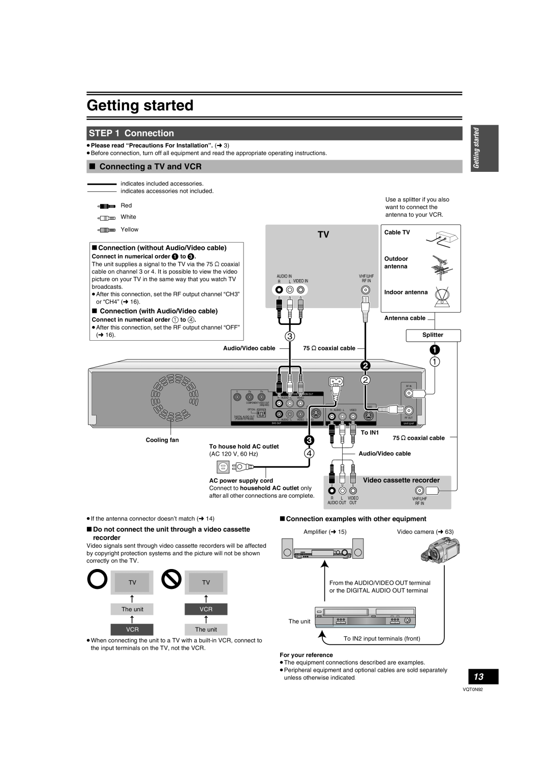 Panasonic DMR-ES30V warranty ∫ Connecting a TV and VCR, ∫ Connection without Audio/Video cable, Video cassette recorder 