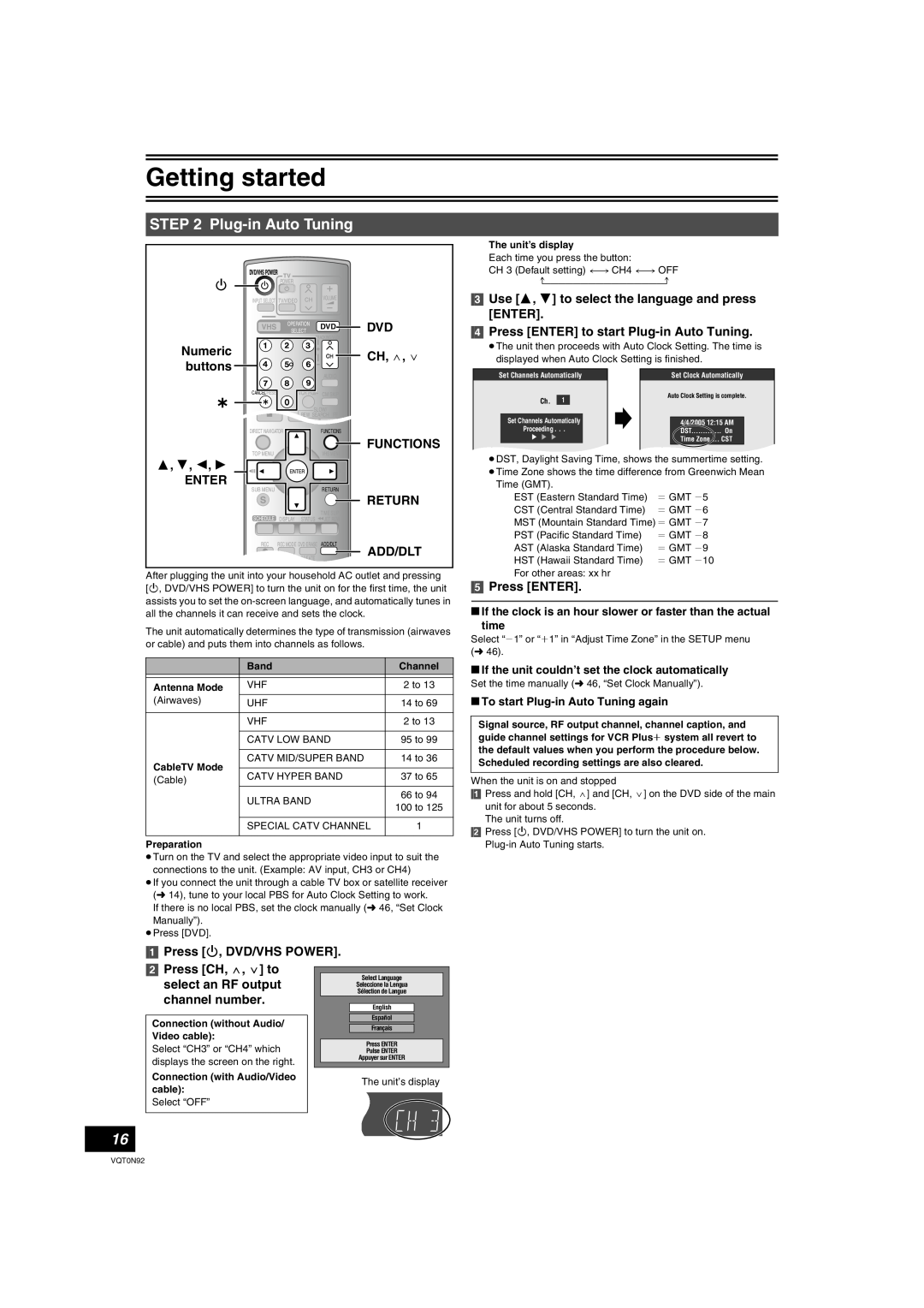 Panasonic DMR-ES30V Plug-in Auto Tuning, Numeric, buttons, Functions, 3, 4, 2, Enter, S Return, Add/Dlt, Press ENTER 