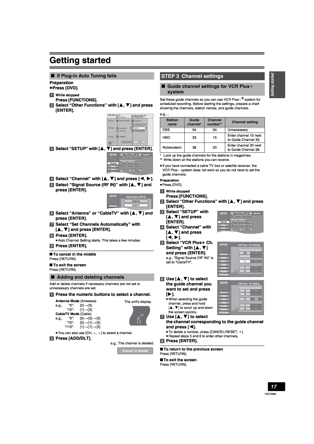 Panasonic DMR-ES30V Channel settings, ∫ If Plug-in Auto Tuning fails, ∫ Adding and deleting channels, Press ENTER, Enter 