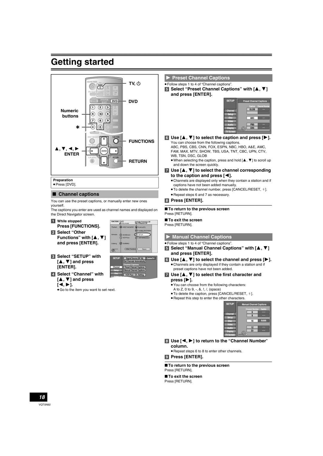 Panasonic DMR-ES30V ∫ Channel captions, Preset Channel Captions, Manual Channel Captions, Tv, Í, Numeric buttons, press 