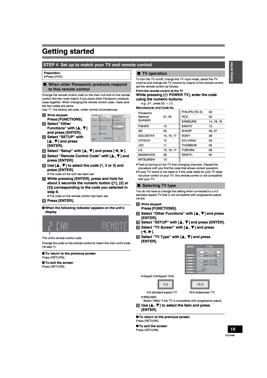 Panasonic DMR-ES30V Set up to match your TV and remote control, ∫ TV operation, ∫ Selecting TV type, step, Getting started 