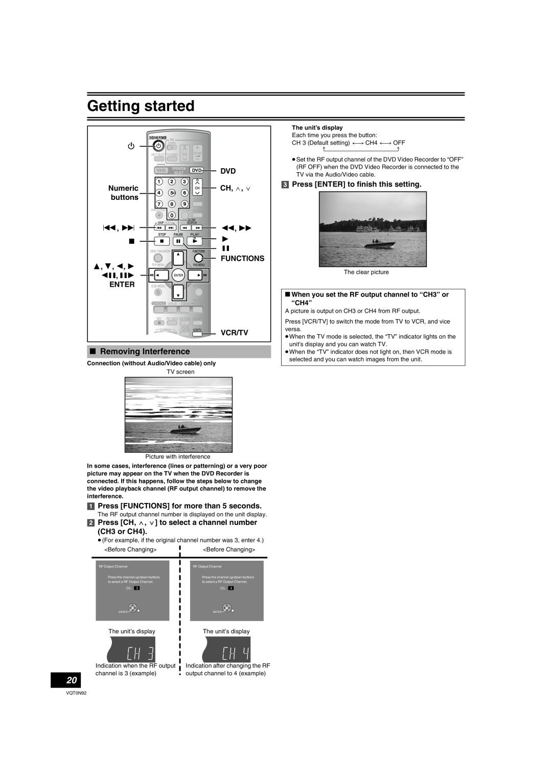 Panasonic DMR-ES30V ∫ Removing Interference, 3, 4, 2, 1 2 ENTER, Dvd Ch, W, Functions Vcr/Tv, Getting started, output 