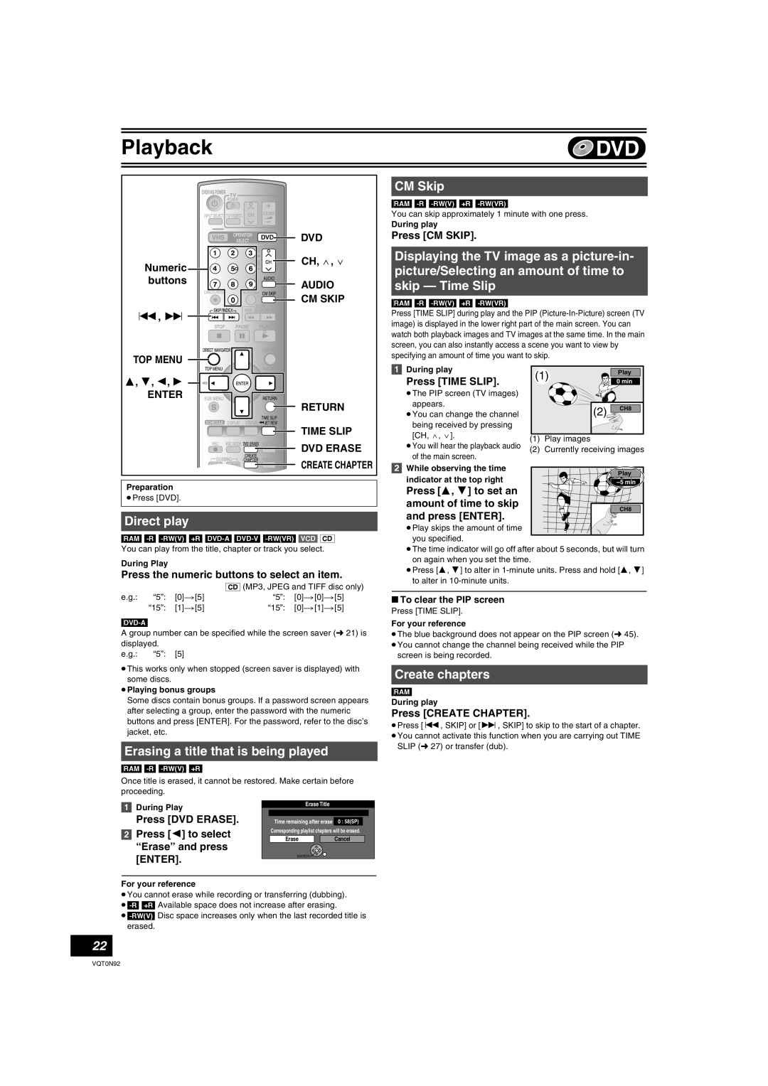 Panasonic DMR-ES30V Direct play, Erasing a title that is being played, CM Skip, Create chapters, Numeric, buttons, Audio 