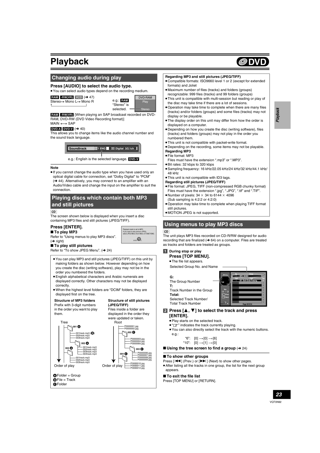 Panasonic DMR-ES30V Changing audio during play, Playing discs which contain both MP3 and still pictures, Press ENTER 