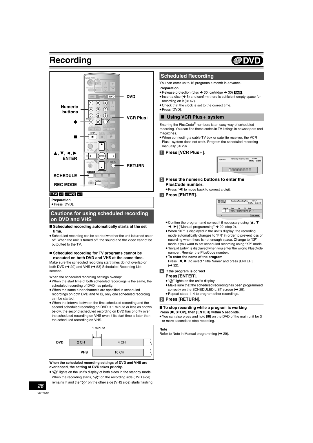 Panasonic DMR-ES30V Cautions for using scheduled recording on DVD and VHS, Scheduled Recording, ∫ Using VCR Plus system 