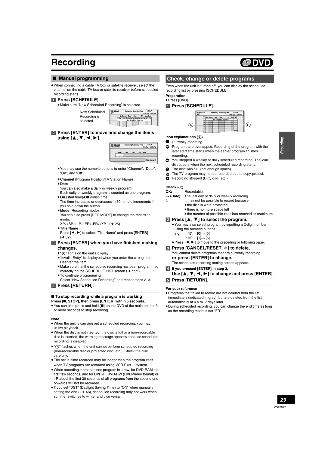 Panasonic DMR-ES30V Check, change or delete programs, ∫ Manual programming, Press SCHEDULE, Press RETURN, Recording 