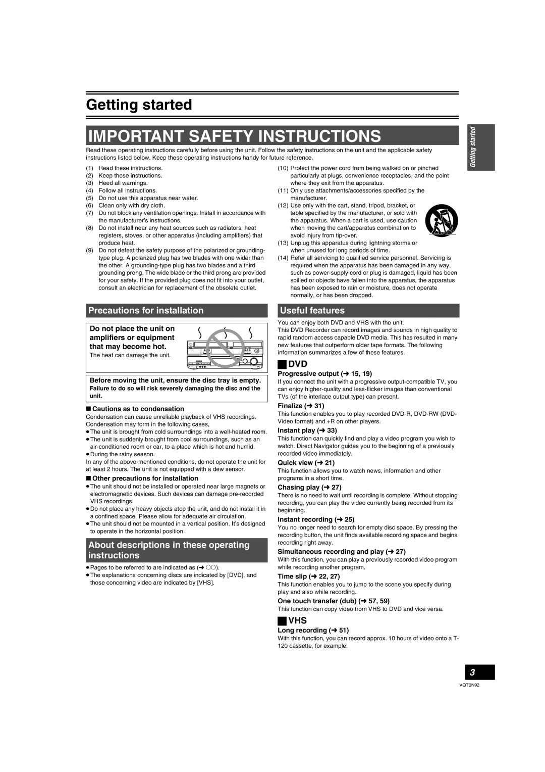 Panasonic DMR-ES30V Precautions for installation, About descriptions in these operating instructions, Useful features 