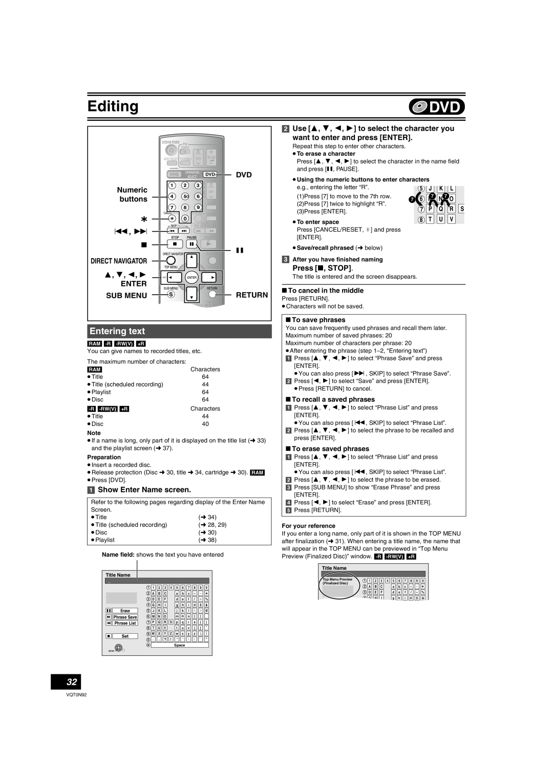 Panasonic DMR-ES30V Entering text, Use 3, 4, 2, 1 to select the character you, want to enter and press ENTER, 3 4 2 
