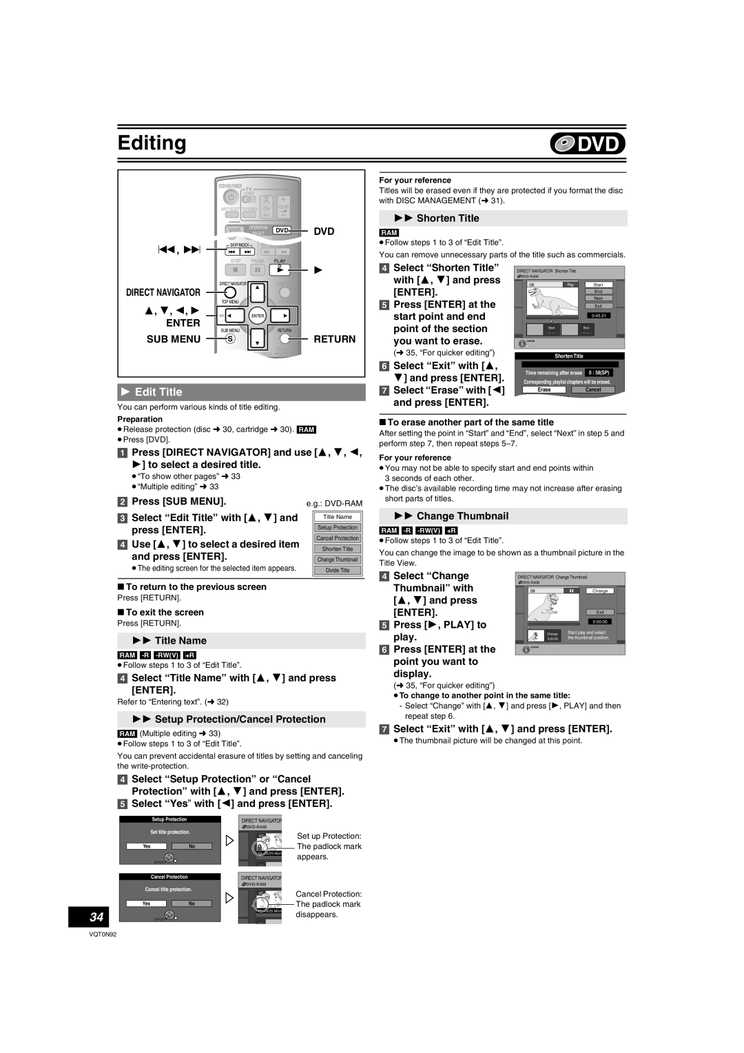 Panasonic DMR-ES30V Edit Title, Select “Shorten Title” with 3, 4 and press ENTER, you want to erase, Change Thumbnail 