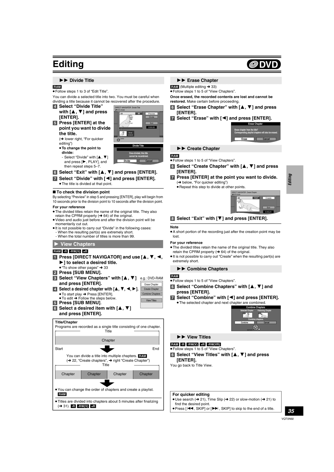 Panasonic DMR-ES30V View Chapters, Erase Chapter, Select “Divide Title” with 3, 4 and press ENTER, the title, Editing 