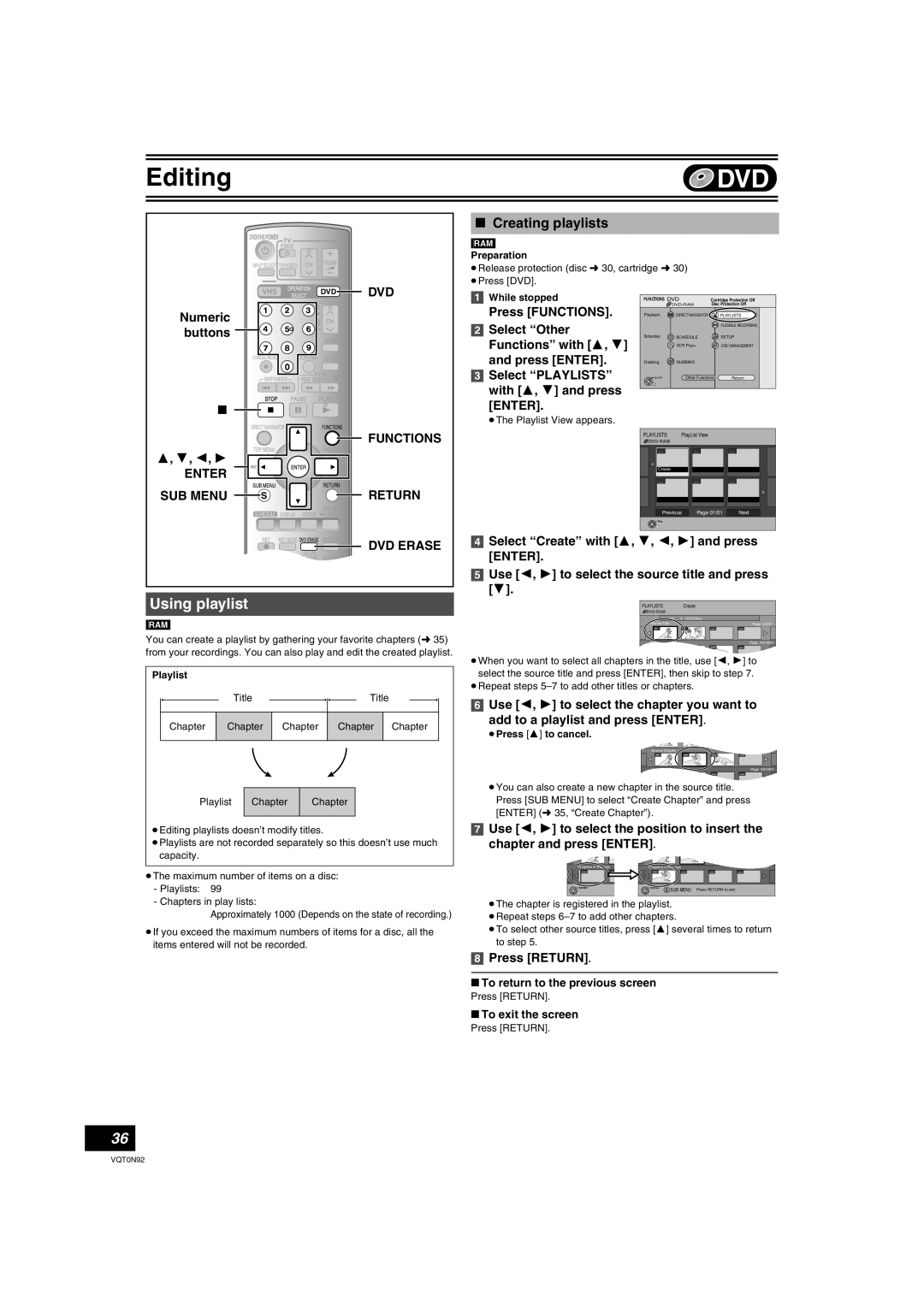 Panasonic DMR-ES30V Using playlist, ∫ Creating playlists, 3, 4, 2 ENTER SUB MENU, Dvd Functions Return Dvd Erase, Editing 