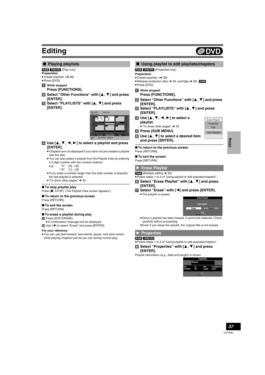 Panasonic DMR-ES30V ∫ Playing playlists, ∫ Using playlist to edit playlists/chapters, Erase Playlist, Press SUB MENU 