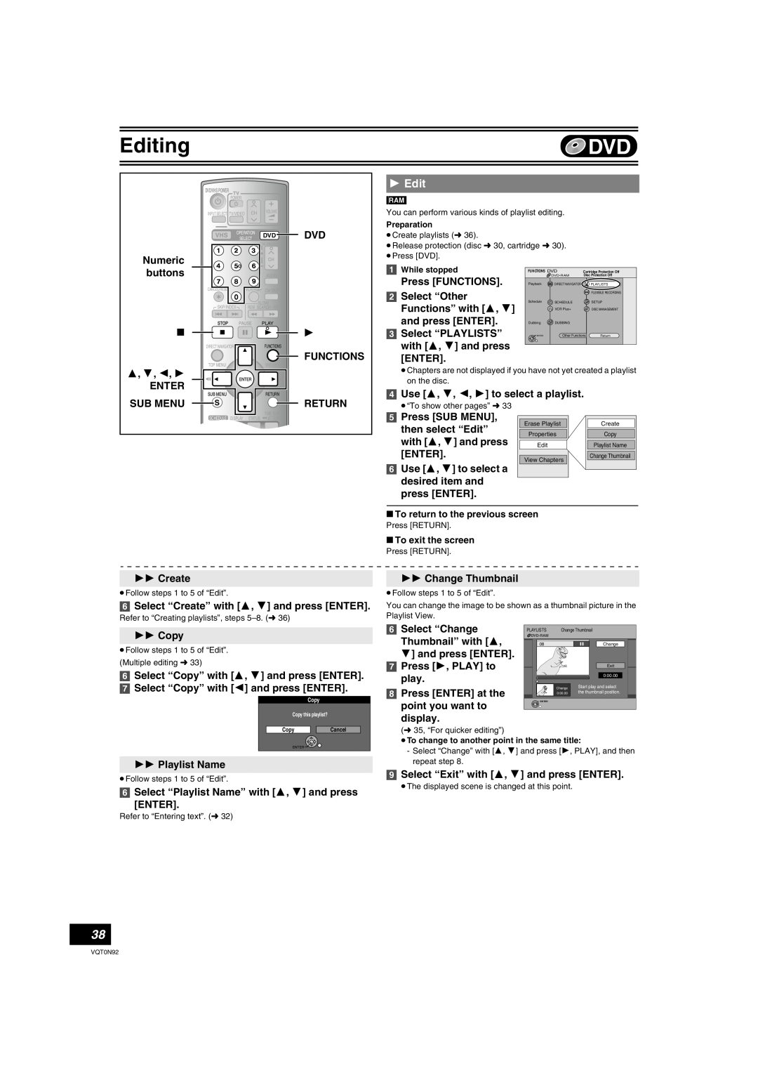 Panasonic DMR-ES30V 3, 4, 2 ENTER, Return, Use 3, 4, 2, 1 to select a playlist, then select “Edit”, desired item and 