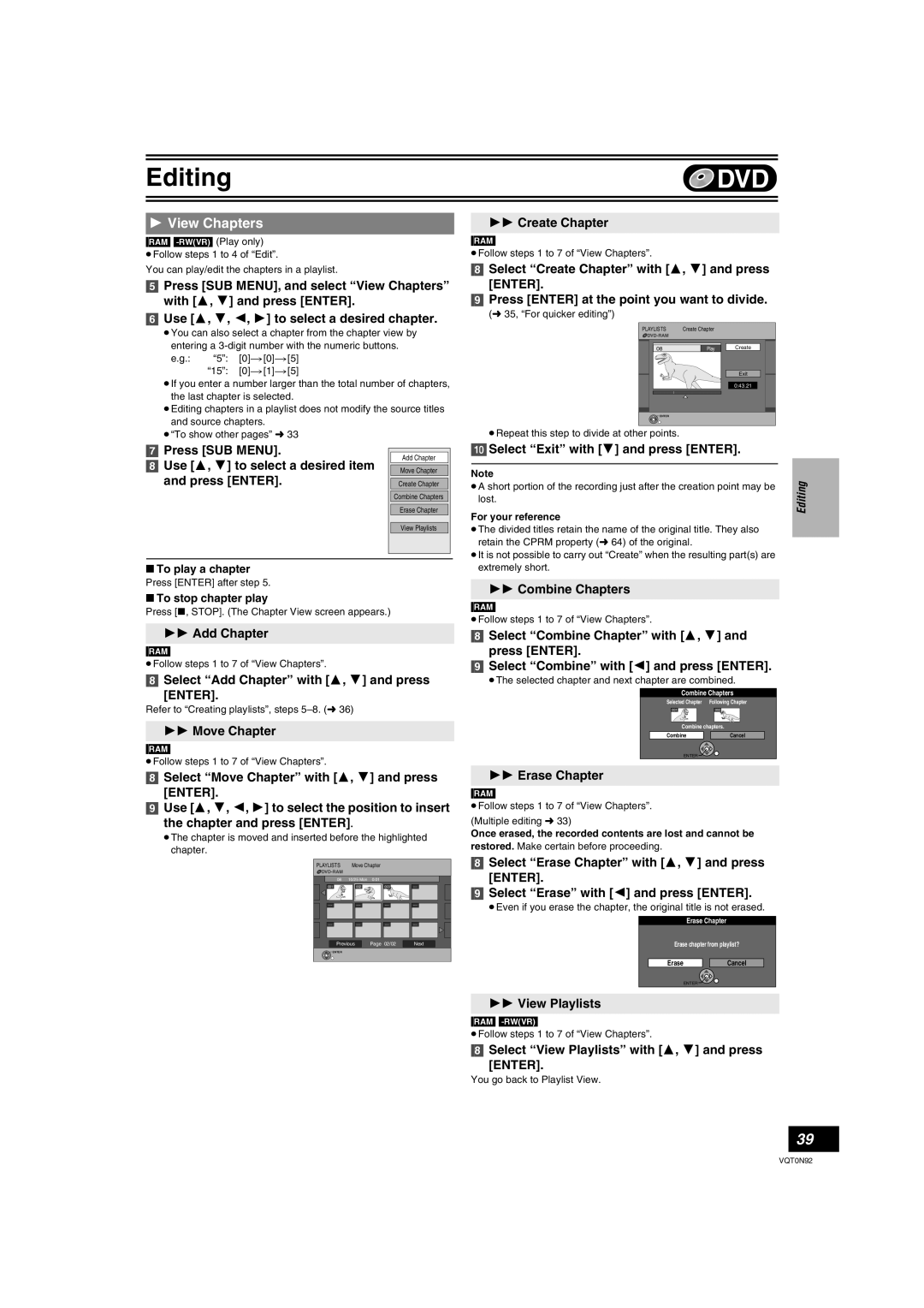 Panasonic DMR-ES30V Use 3, 4, 2, 1 to select a desired chapter, Select “Create Chapter” with 3, 4 and press ENTER, Editing 