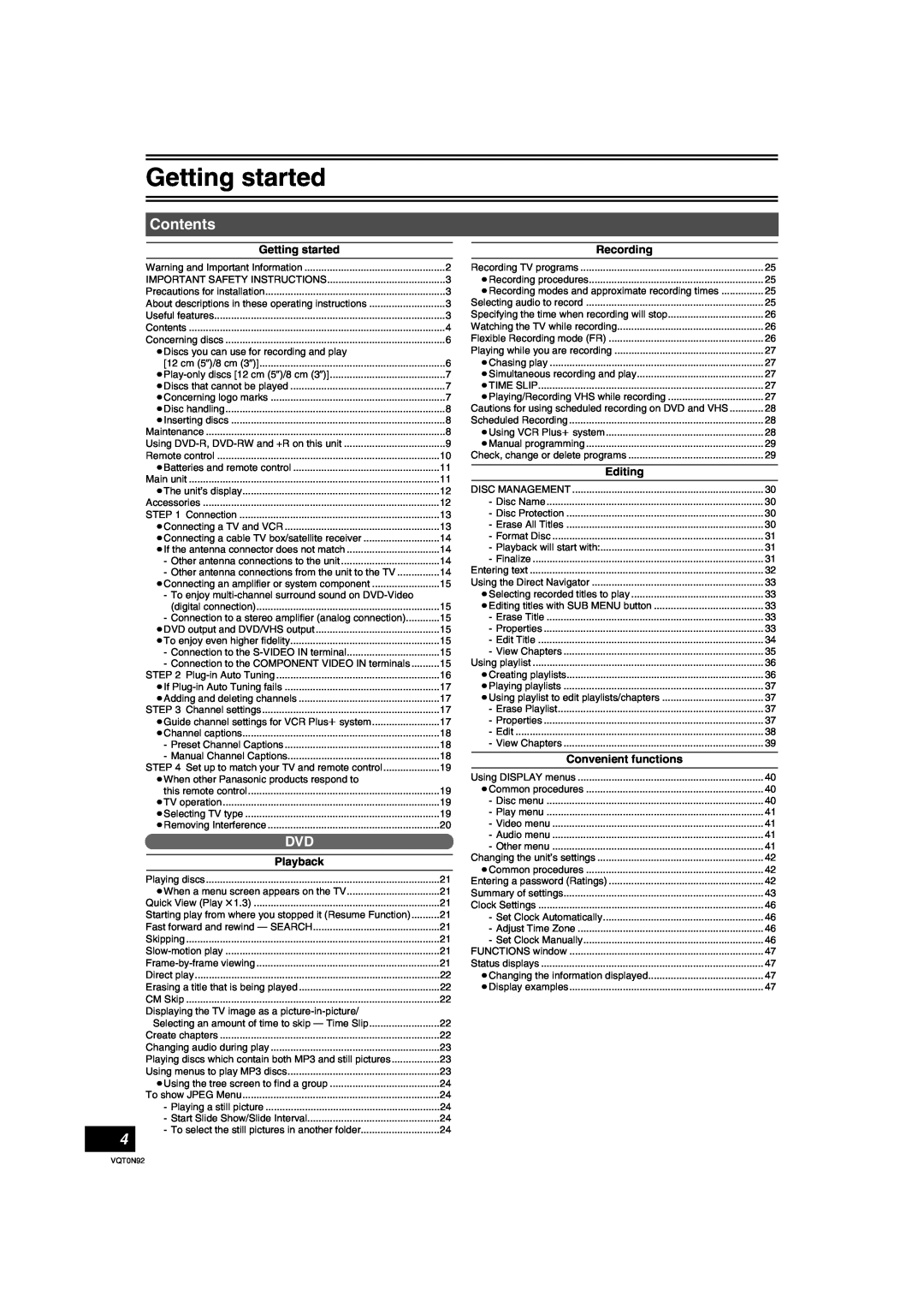 Panasonic DMR-ES30V warranty Contents, Getting started, Playback, Recording, Editing, Convenient functions 