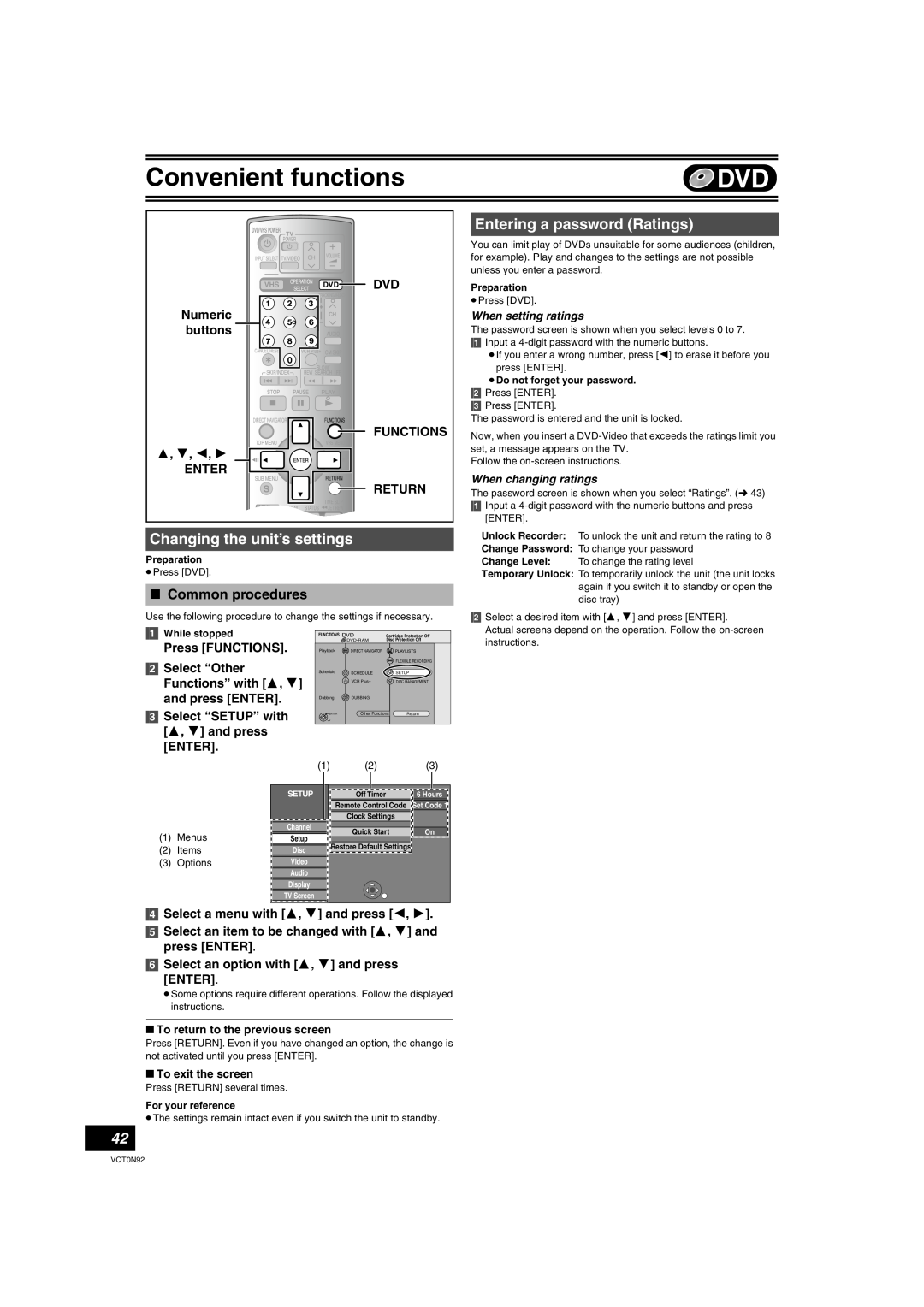 Panasonic DMR-ES30V warranty Changing the unit’s settings, Entering a password Ratings, Select a menu with 3, 4 and press 2 