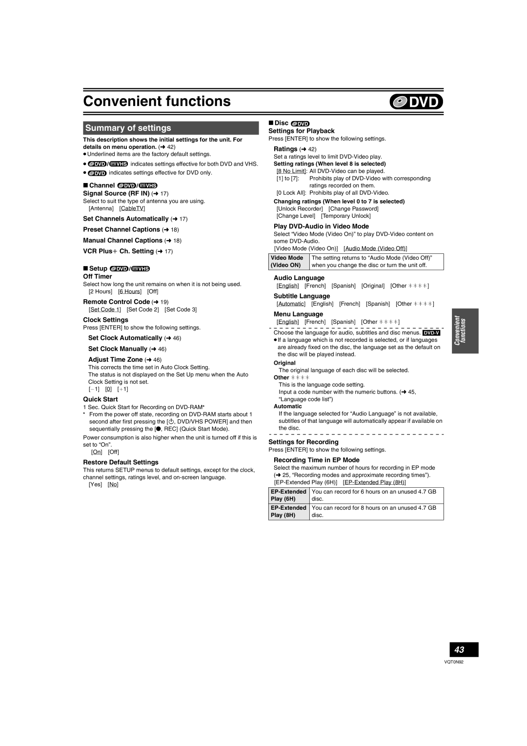 Panasonic DMR-ES30V Summary of settings, ∫Disc, Settings for Playback, Ratings l, ∫ Channel / Signal Source RF IN l 