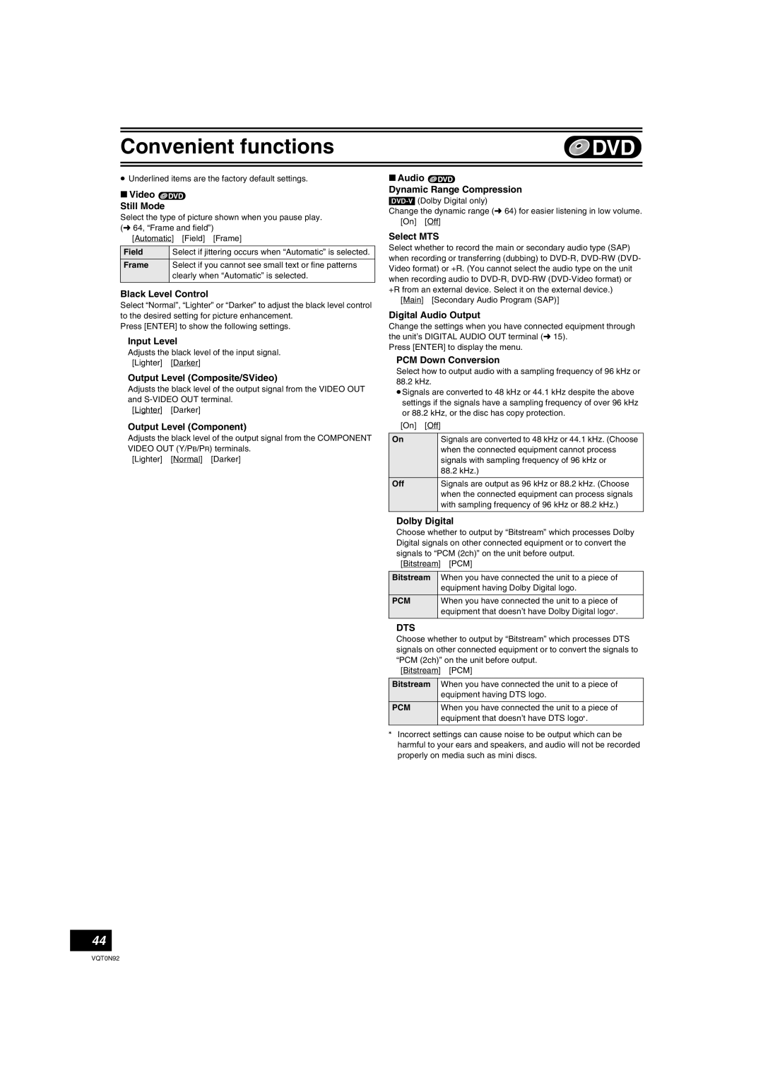 Panasonic DMR-ES30V ∫ Video Still Mode, Black Level Control, Input Level, Output Level Composite/SVideo, Select MTS 