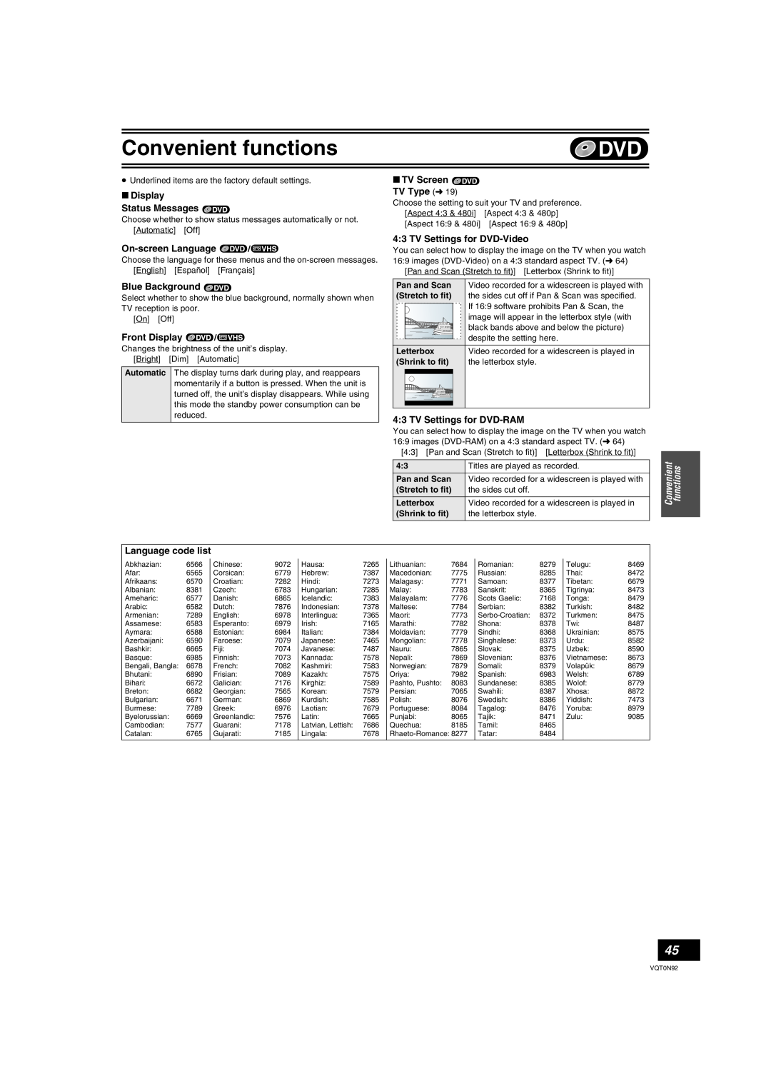 Panasonic DMR-ES30V ∫TV Screen, ∫Display, TV Type l, Status Messages, On-screen Language, Blue Background, Front Display 