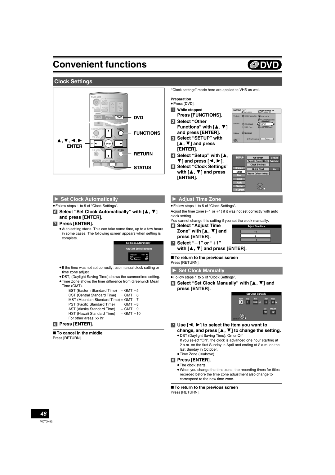 Panasonic DMR-ES30V Clock Settings, Set Clock Automatically, Adjust Time Zone, Set Clock Manually, 3, 4, 2, Functions 