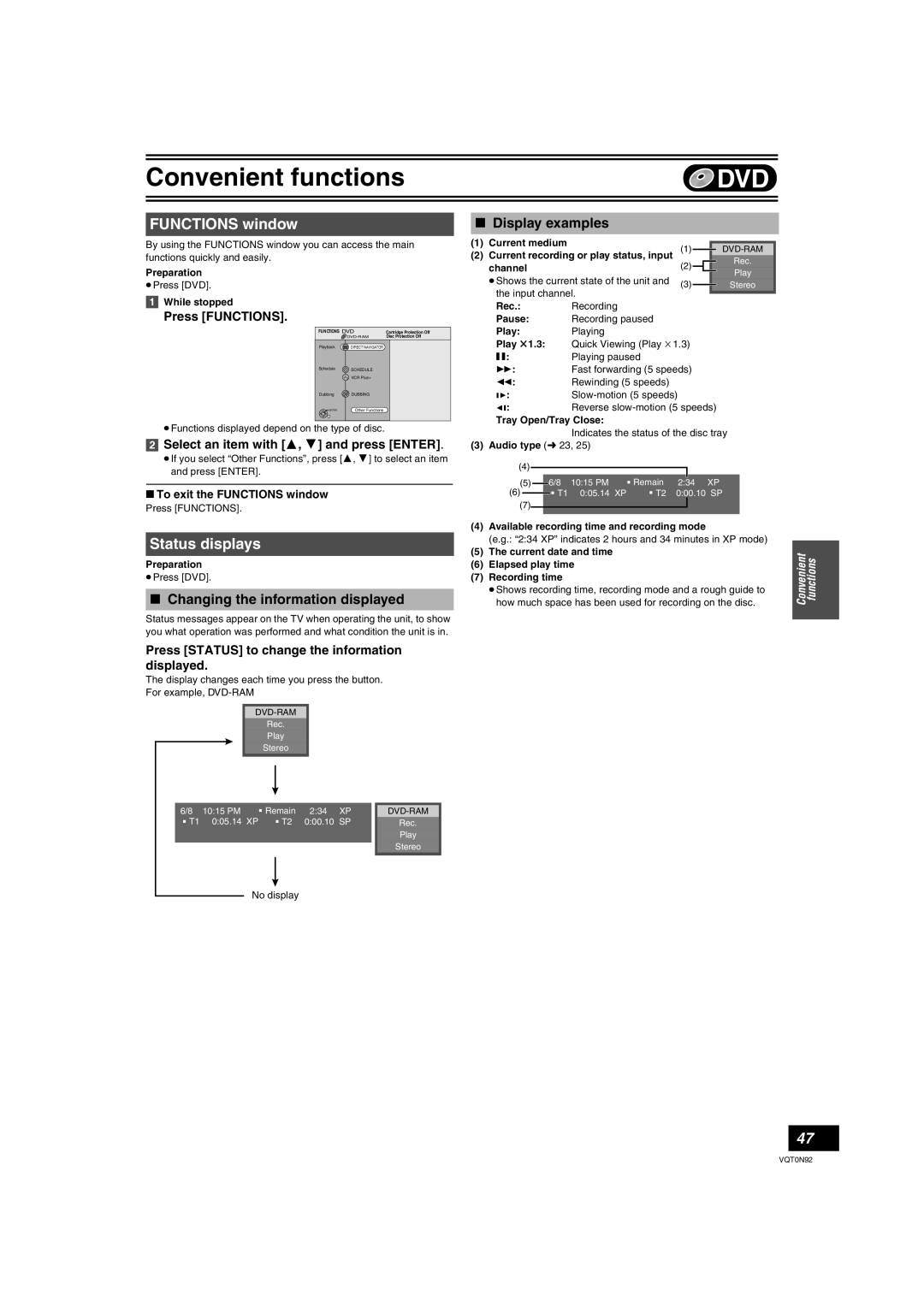 Panasonic DMR-ES30V warranty FUNCTIONS window, Status displays, ∫ Changing the information displayed, ∫ Display examples 