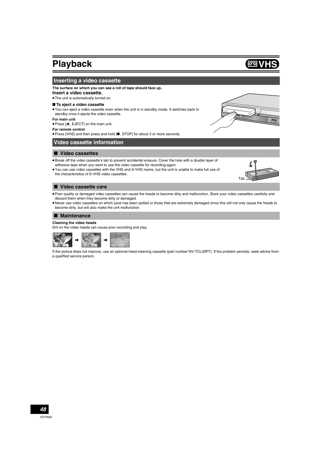 Panasonic DMR-ES30V Inserting a video cassette, Video cassette information, ∫ Video cassettes, ∫ Video cassette care 