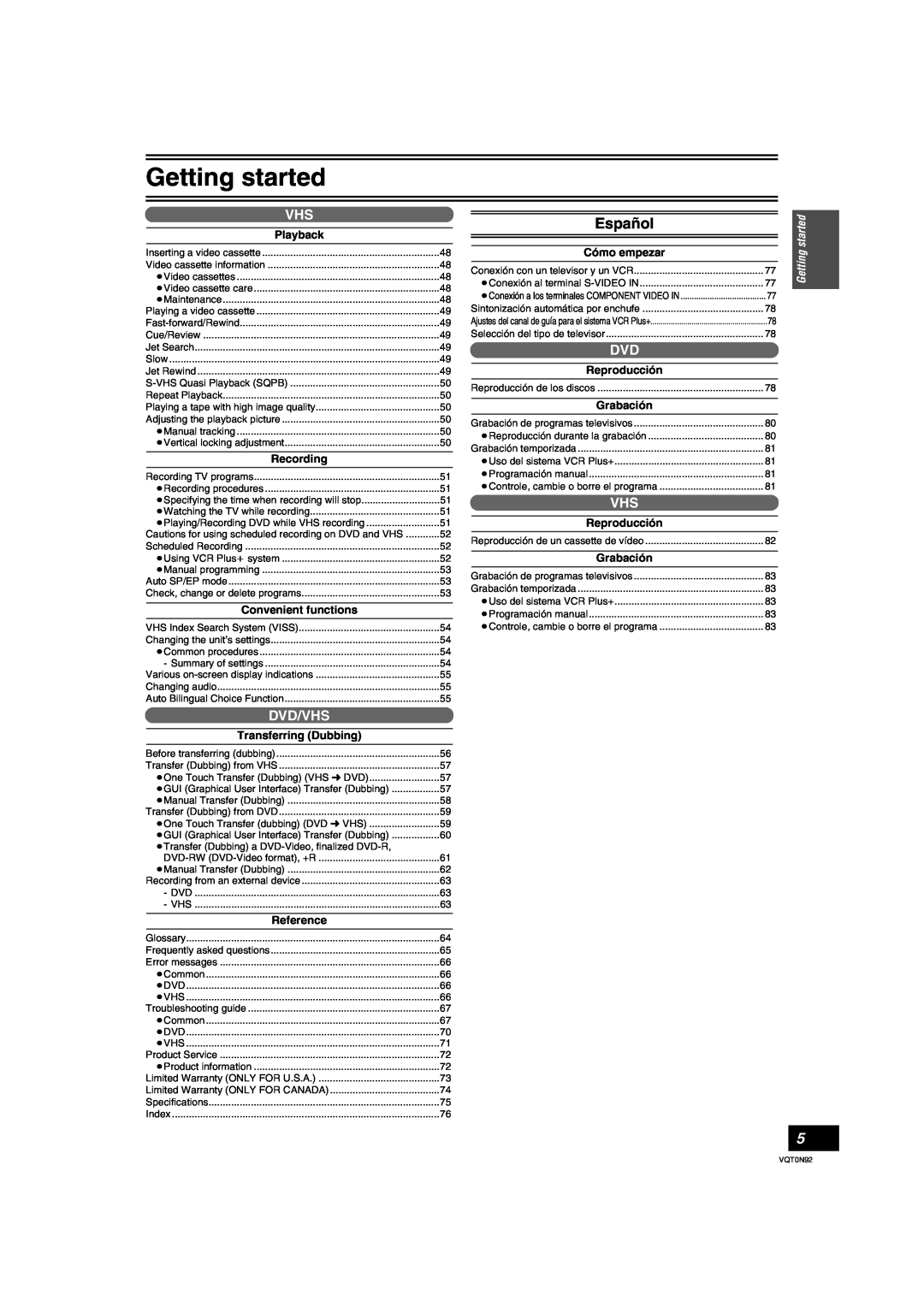 Panasonic DMR-ES30V warranty Español, Dvd/Vhs, Cómo empezar, Reproducción, Grabación, Transferring Dubbing, Getting started 