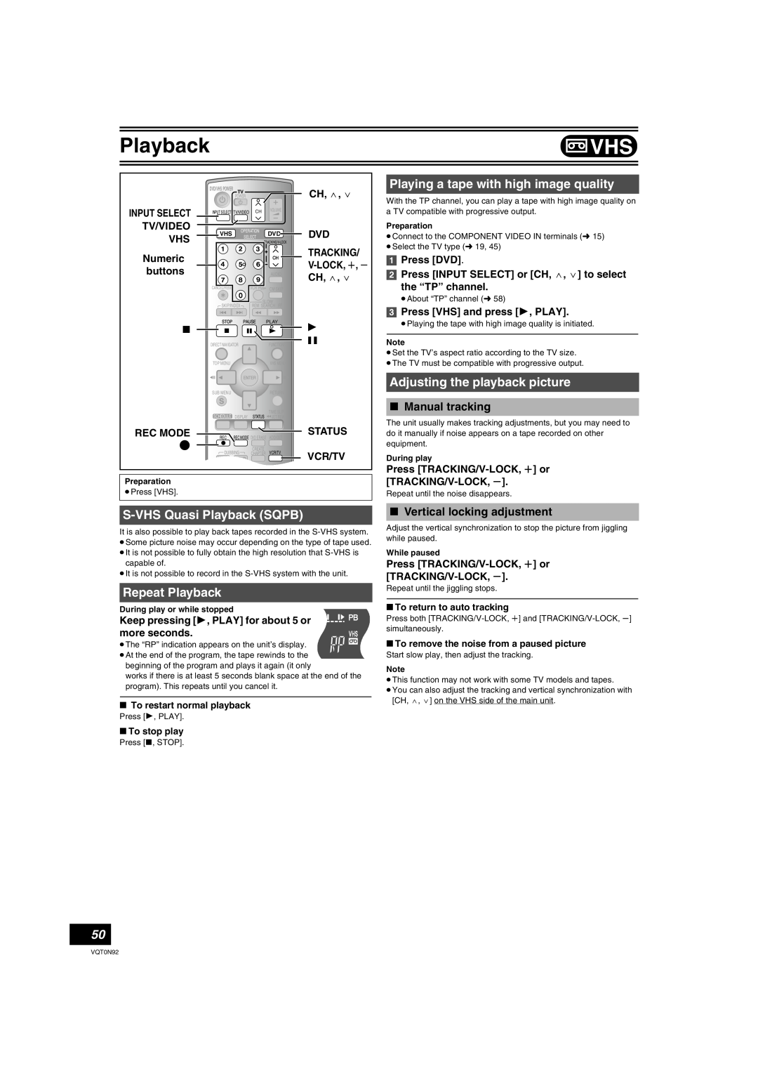 Panasonic DMR-ES30V Playing a tape with high image quality, Adjusting the playback picture, S-VHS Quasi Playback SQPB 