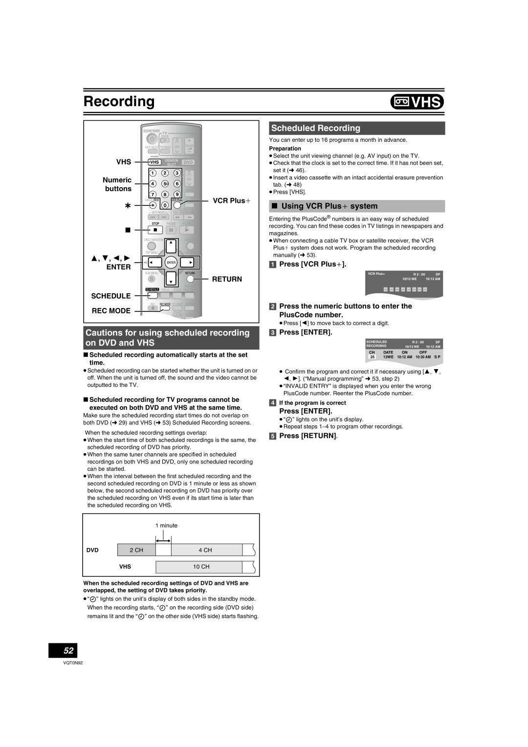 Panasonic DMR-ES30V 3, 4, 2 ENTER SCHEDULE REC MODE, VCR Plusi RETURN, Scheduled Recording, ∫ Using VCR Plus system 