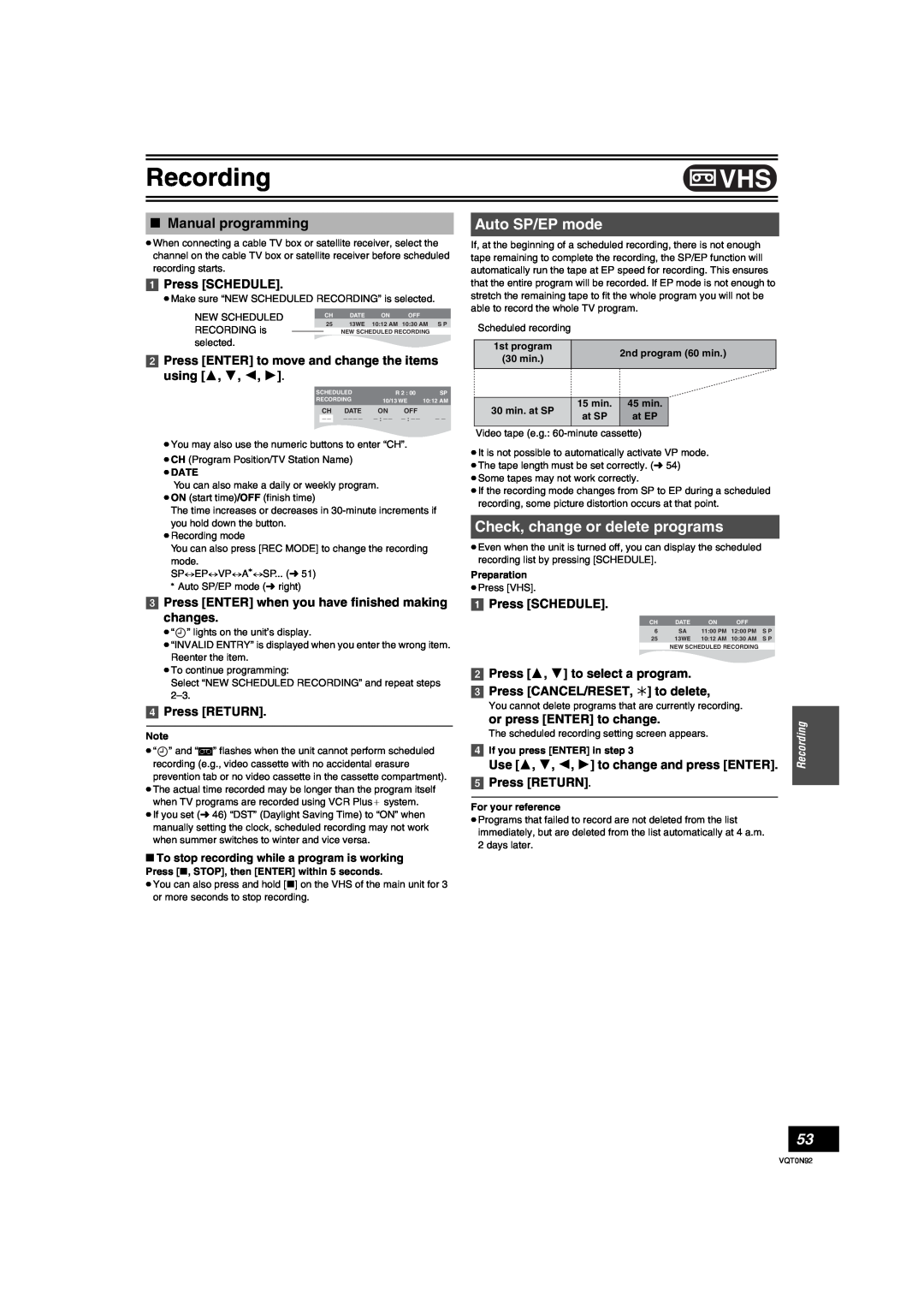 Panasonic DMR-ES30V warranty Auto SP/EP mode, Press 3, 4 to select a program 3 Press CANCEL/RESET, ¢ to delete, Recording 