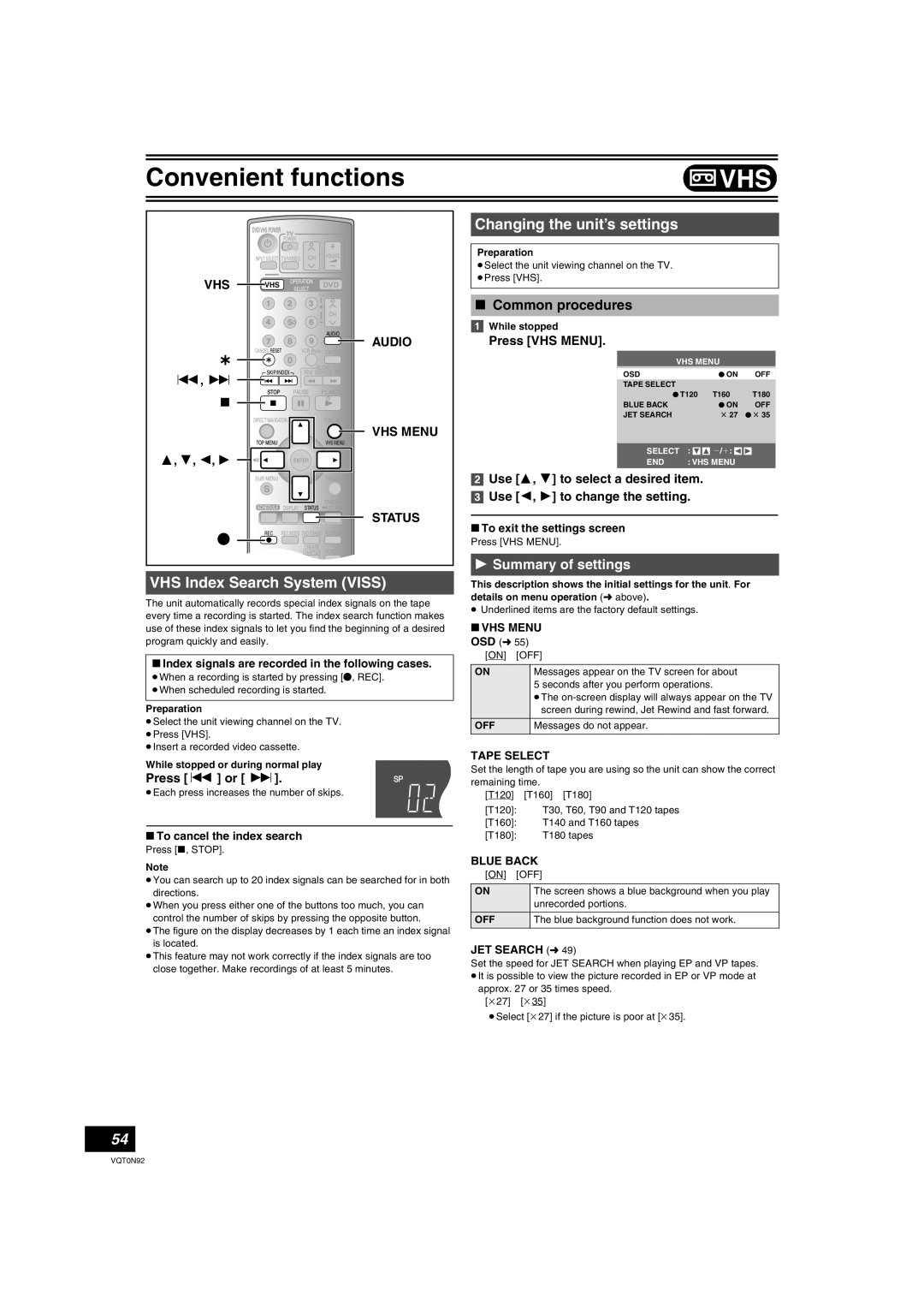 Panasonic DMR-ES30V VHS Index Search System VISS, Summary of settings, Audio, Vhs Menu, Press or, Press VHS MENU, 3, 4, 2 