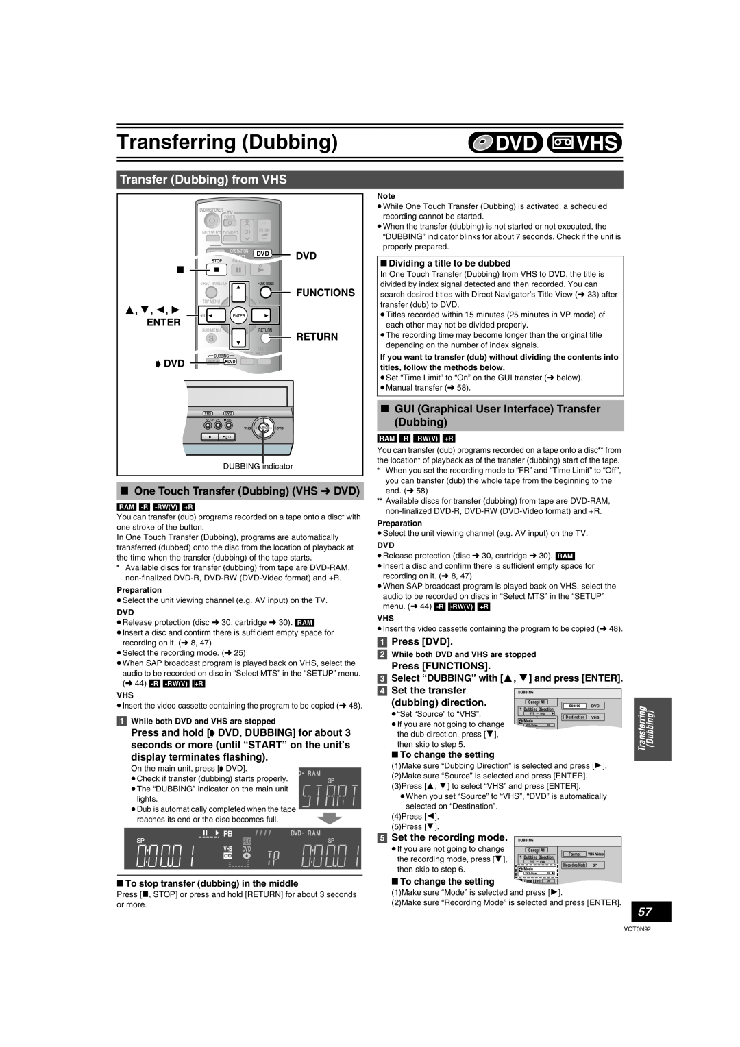 Panasonic DMR-ES30V Transfer Dubbing from VHS, ∫ One Touch Transfer Dubbing VHS l DVD, “ Dvd, Press DVD, Set the transfer 