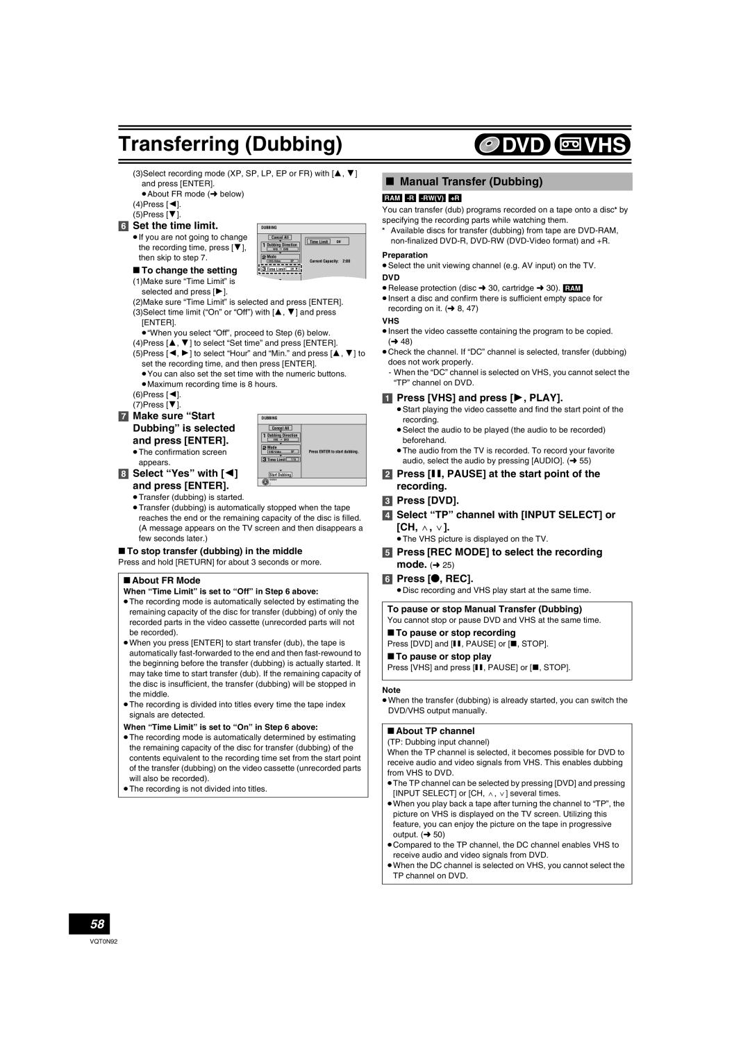 Panasonic DMR-ES30V warranty ∫ Manual Transfer Dubbing, Set the time limit, Make sure “Start, Dubbing” is selected, Dvd Vhs 