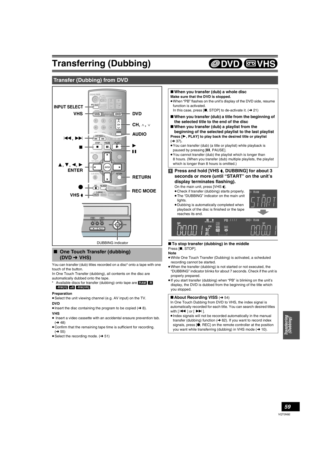 Panasonic DMR-ES30V Transfer Dubbing from DVD, ∫ One Touch Transfer dubbing DVD l VHS, Ch, W, display terminates flashing 