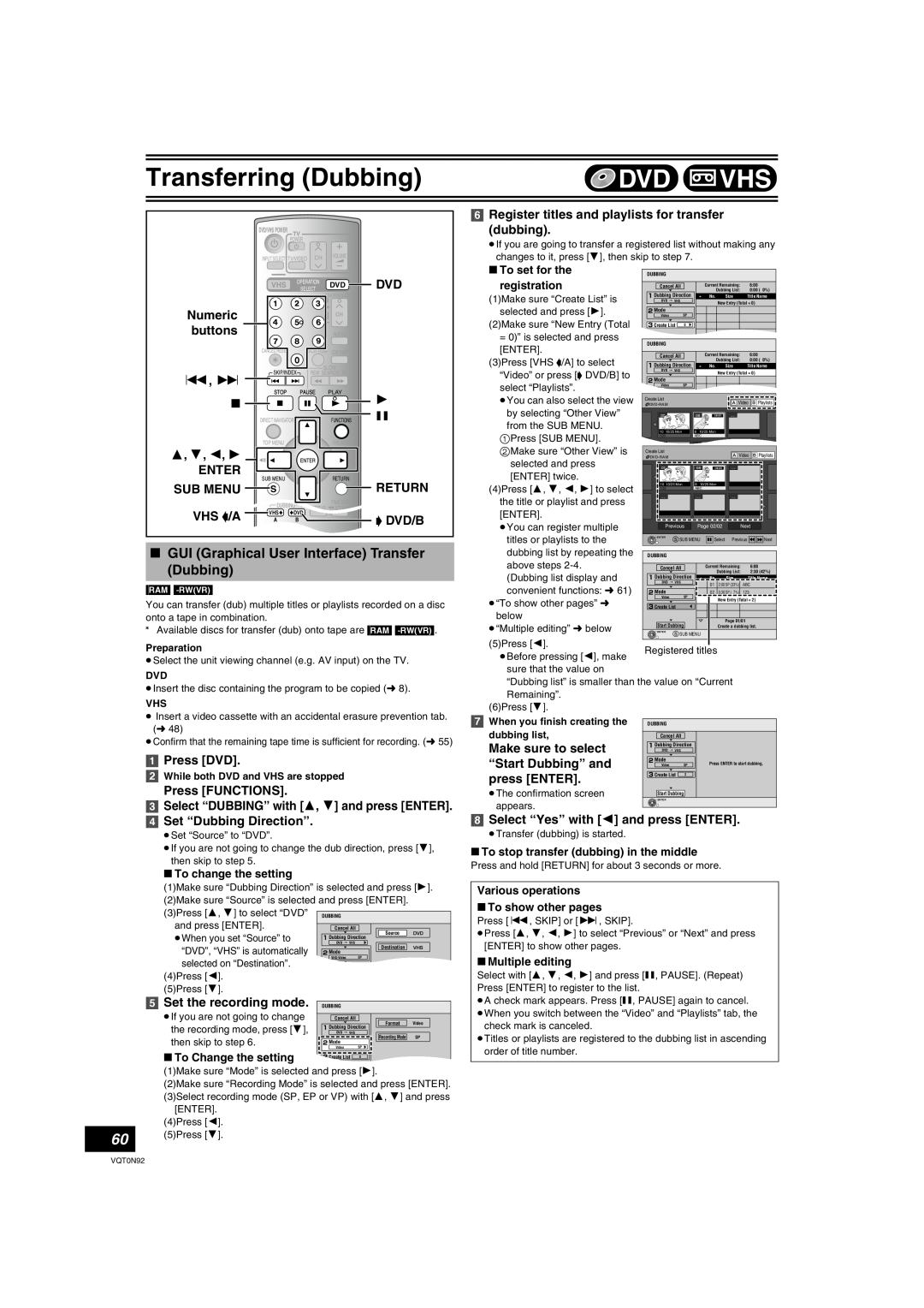 Panasonic DMR-ES30V Vhs -/A, “ Dvd/B, Set “Dubbing Direction”, Register titles and playlists for transfer dubbing, Dvd Vhs 