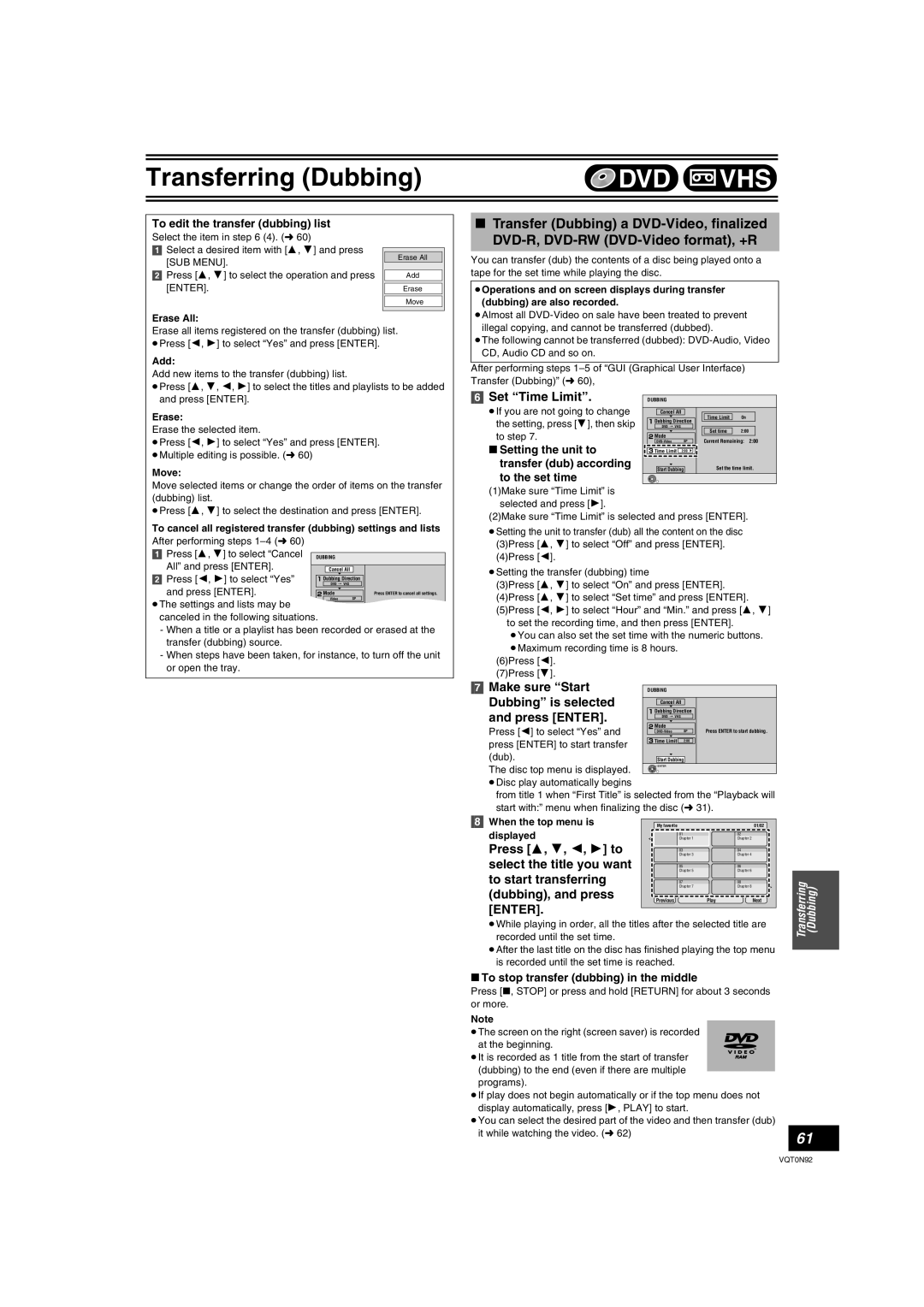 Panasonic DMR-ES30V Set “Time Limit”, Make sure “Start, Press 3, 4, 2, 1 to, select the title you want, dubbing, and press 