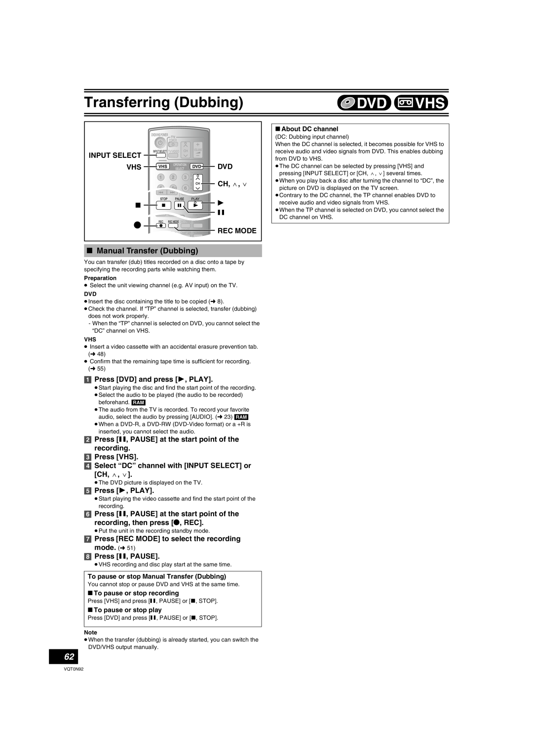 Panasonic DMR-ES30V Input Select, Ch, W, Press DVD and press 1, PLAY, Select “DC” channel with INPUT SELECT or CH, W 