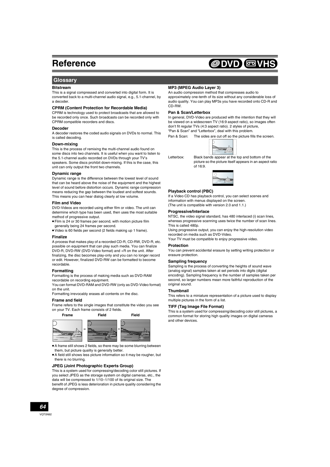 Panasonic DMR-ES30V Reference, Glossary, Bitstream, CPRM Content Protection for Recordable Media, Decoder, Down-mixing 