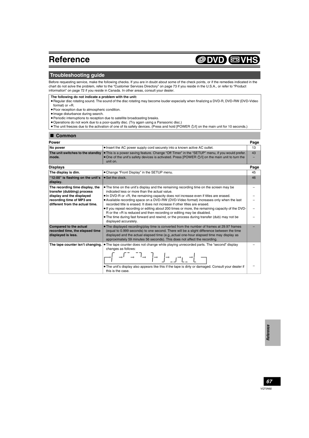 Panasonic DMR-ES30V warranty Troubleshooting guide, Power, Displays, Reference, Dvd Vhs, ∫ Common, Page 